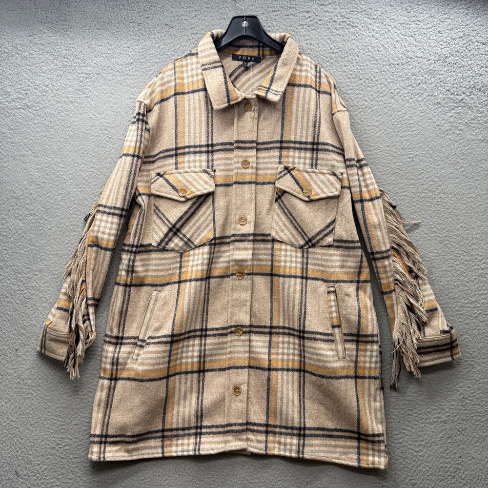 Fore Shacket Beige Plaid Fringe Button up Long Sleeve Pockets Western Women’s M - Picture 5 of 14